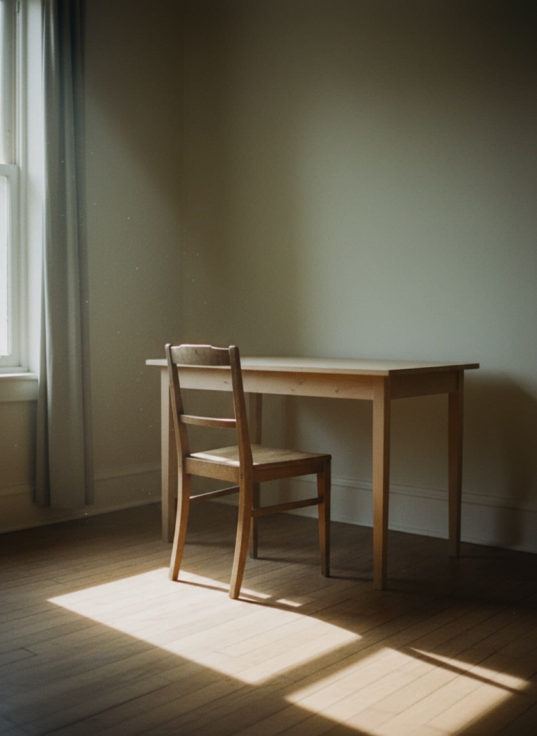 An empty wooden chair beside a bare desk, late afternoon light moving across the floor.