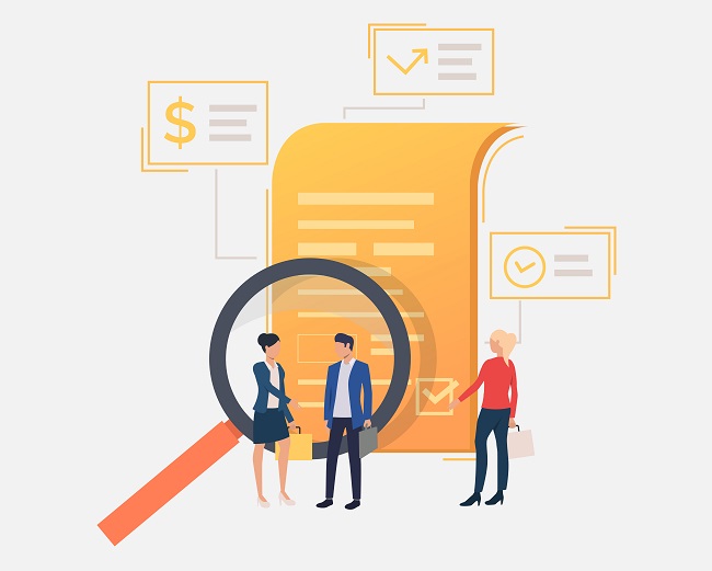 Business professionals analyzing a contract with magnifying glass in a vector illustration.