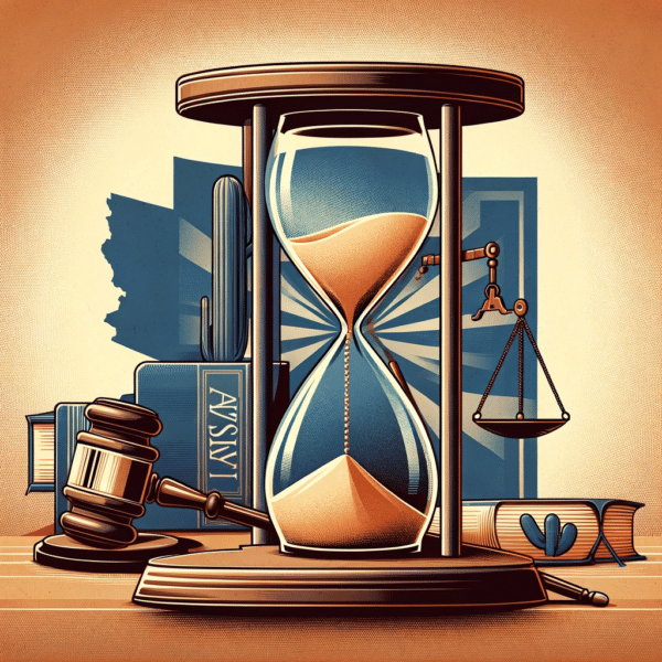 Hourglass, gavel, and scale symbolizing law, time, and record sealing in Arizona.