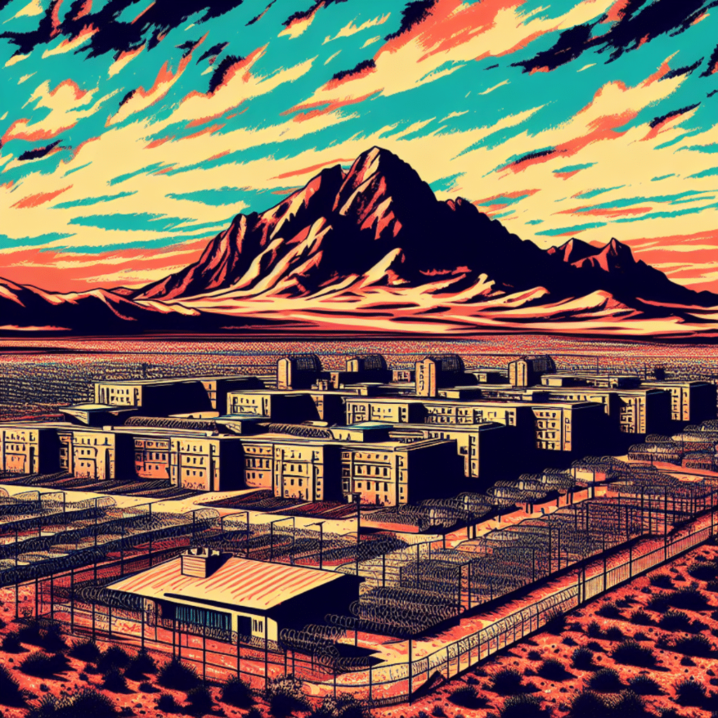 Stylized cityscape with imposing mountain in Arizona.