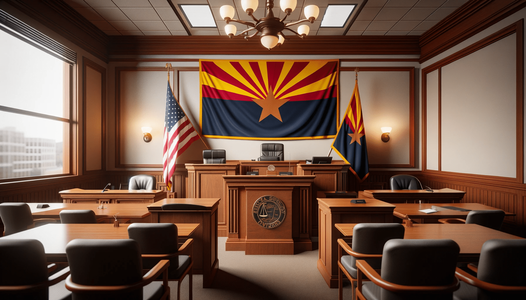 Interior view of a traditional Arizona courtroom with state and national flags.