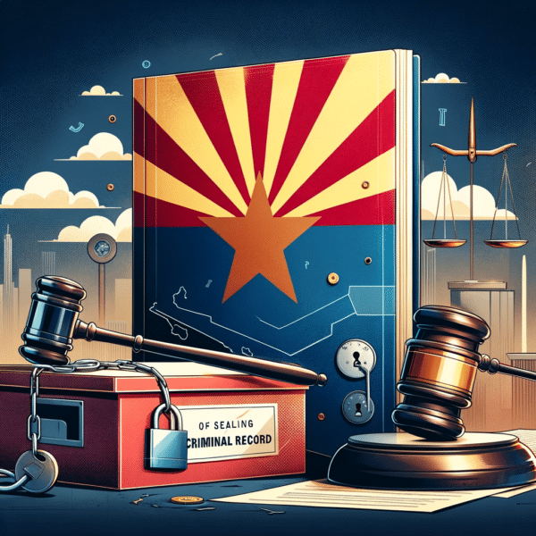 Arizona criminal records sealing kit with legal ledger and judges gavel.