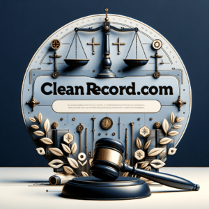 CleanRecord.coms logo: Scales of justice, gavel, and legal symbols on dark background.