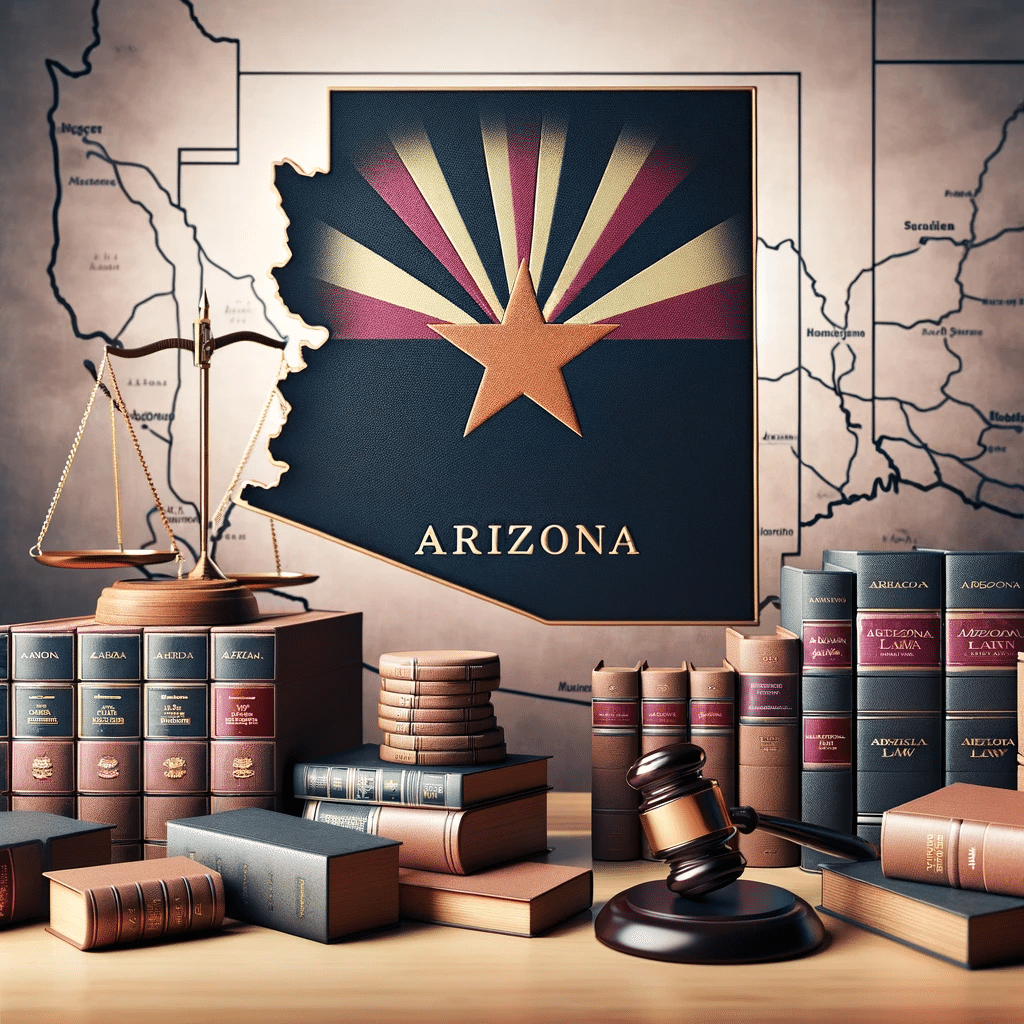 Arizona state symbol with legal books, gavel, and justice scale.