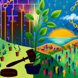 Colorful depiction of societal growth and legal changes leading to community prosperity.