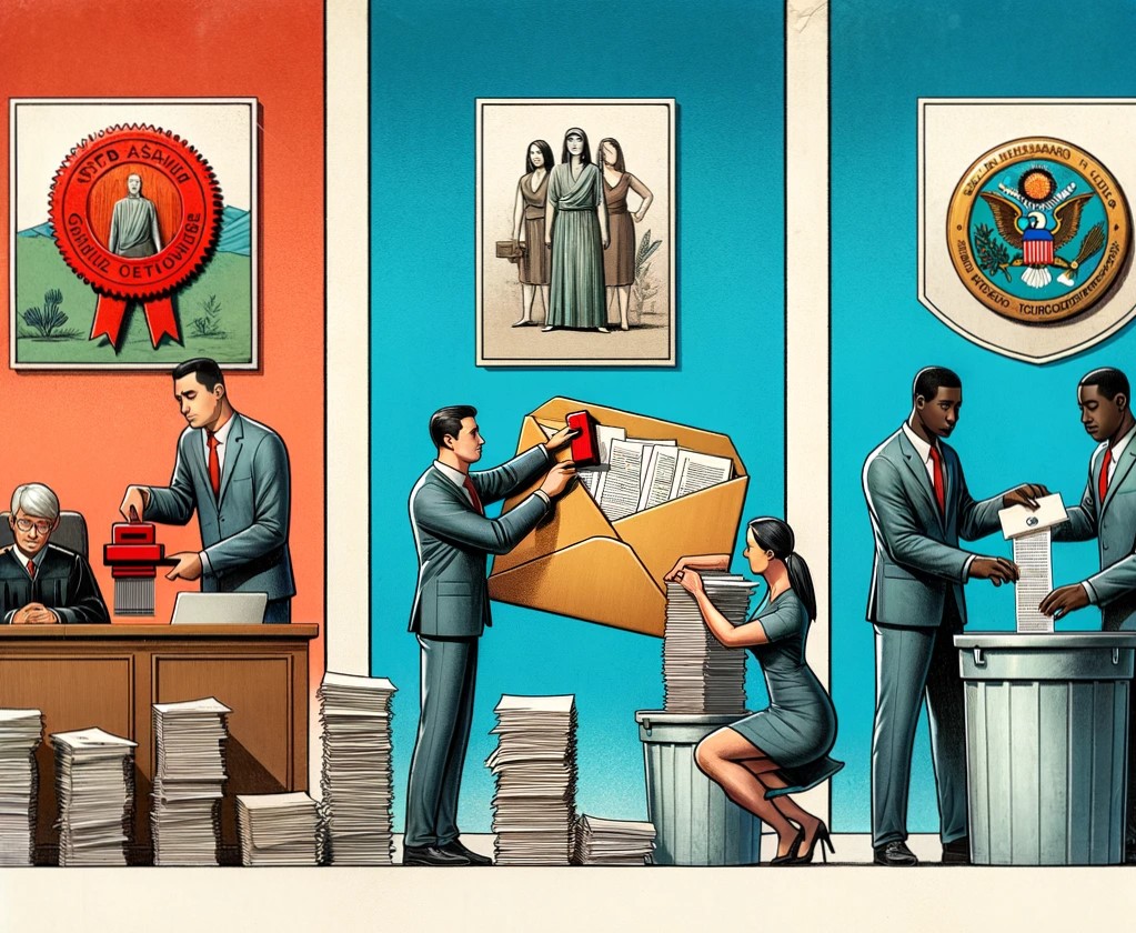 Satirical illustration of excessive paperwork in a vibrant bureaucratic office setting.