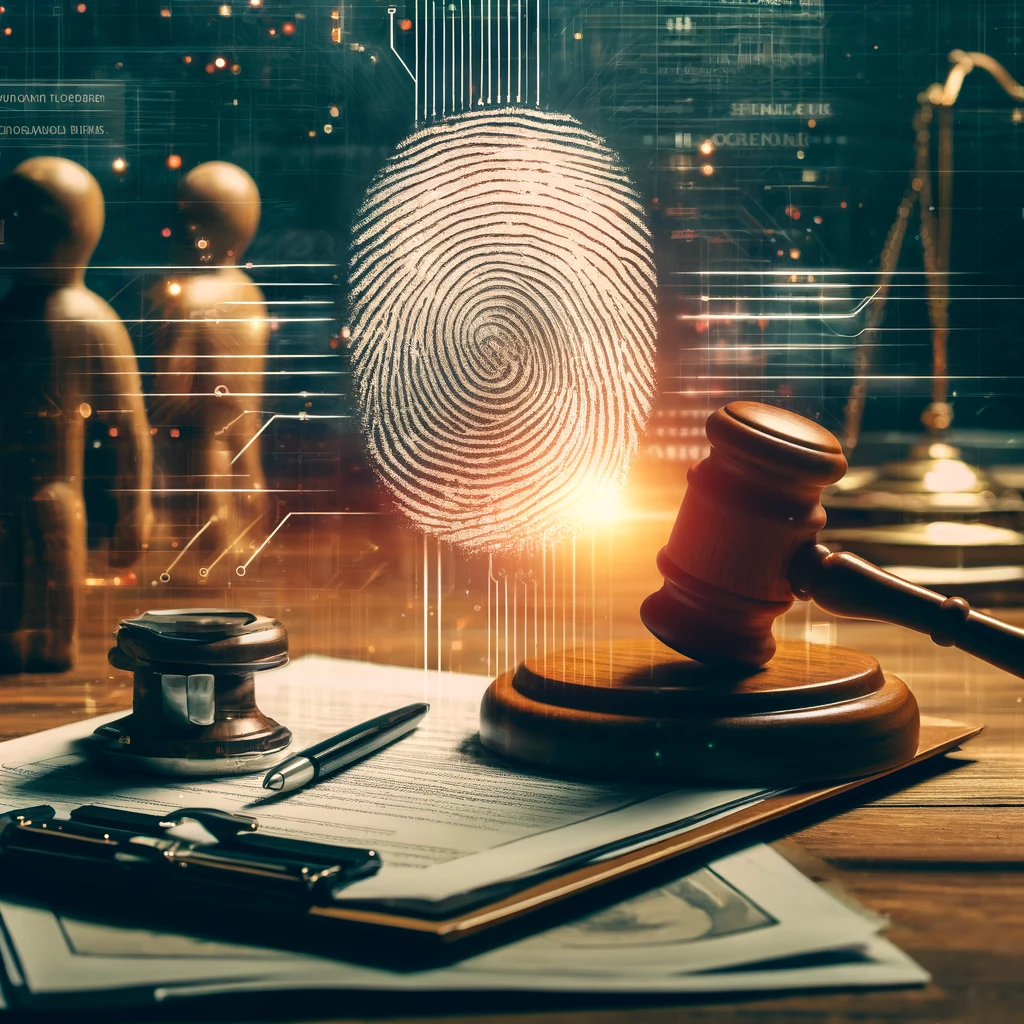 Conceptual image of crime investigation with courtroom symbols and forensic graphics in Arizona.