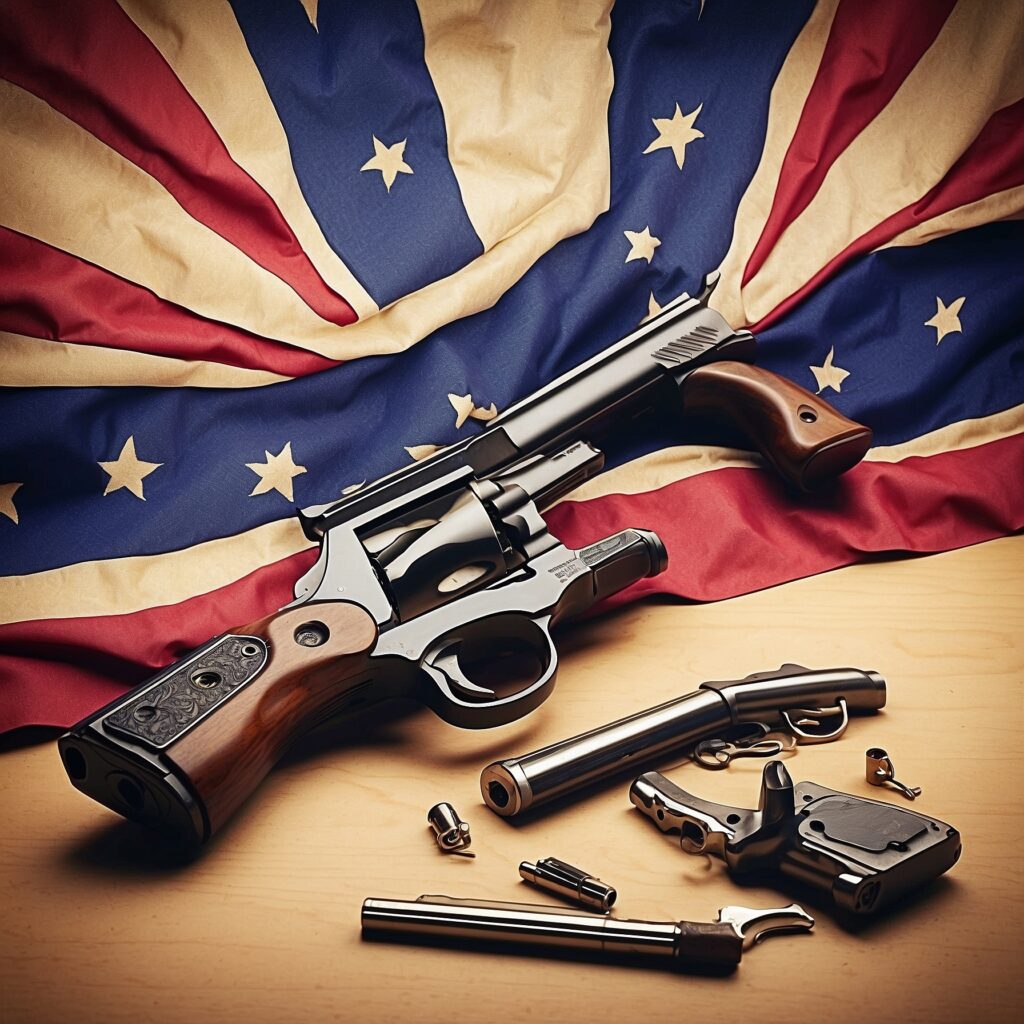 Vintage handguns, bullets, and American flag symbolizing gun rights in the US.