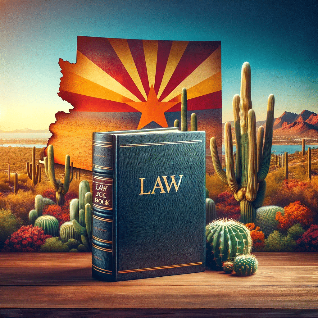 Arizona law book with state flag and desert elements.