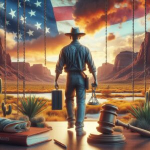 Western-style justice symbolized by cowboy with scales and gavel in desert landscape.